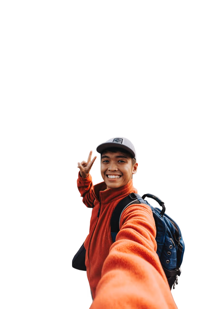 A friend in a red jacket keeping in touch while out and about